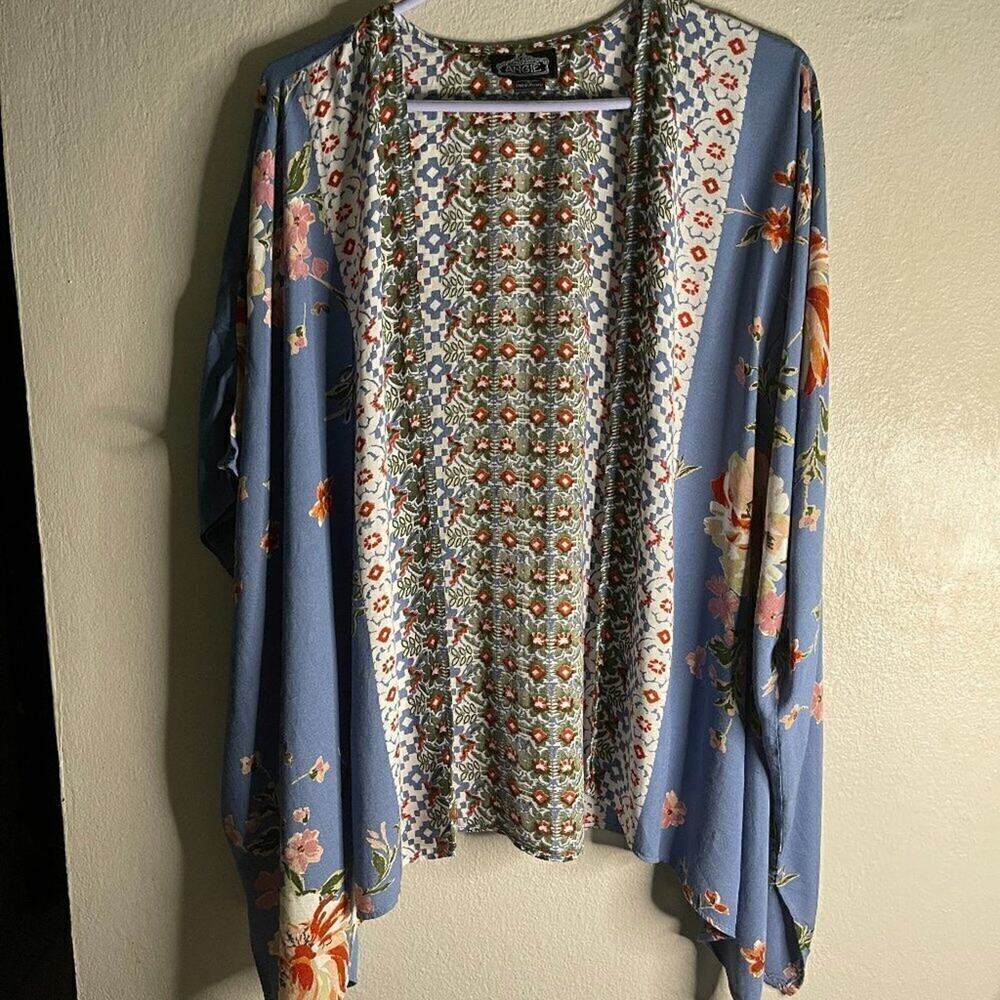 Angie Floral Kimono Duster Blue Pink Boho Cover Up Size S